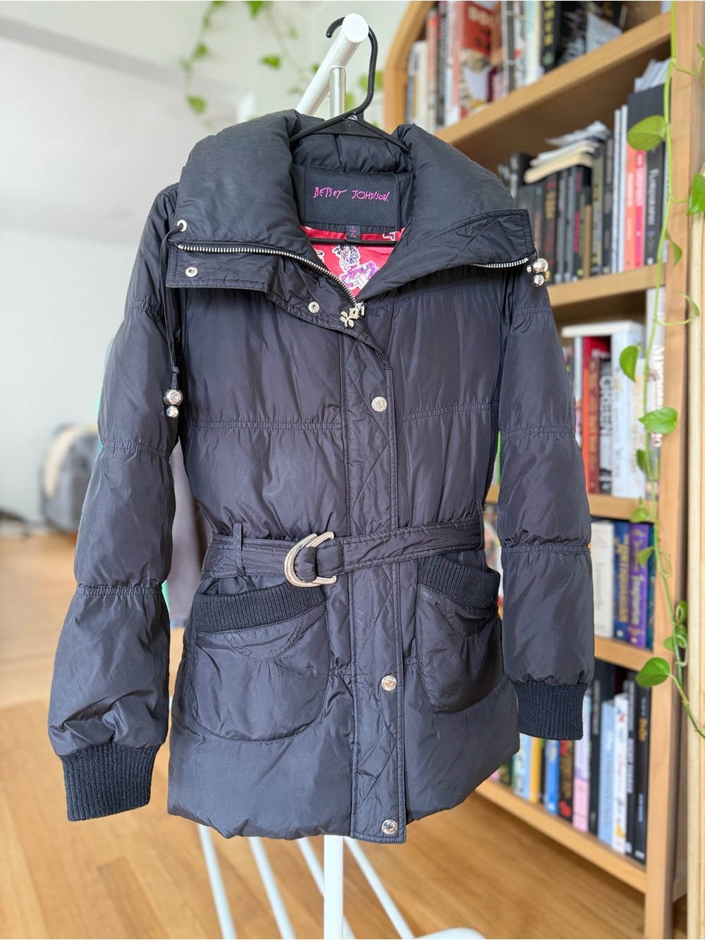 Betsey Johnson Black Quilted Belted Puffer Coat